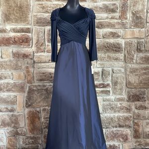 NWT Tadashi Navy Ruched Long Sleeve Gown, Size 8